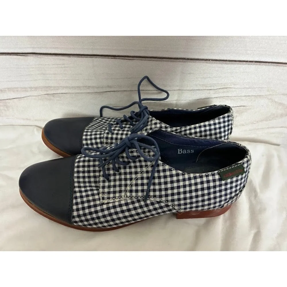 GH Bass & Co Evelyn Navy Gingham Cap Toe Oxford Shoes Womens 8M Lace Up Flats